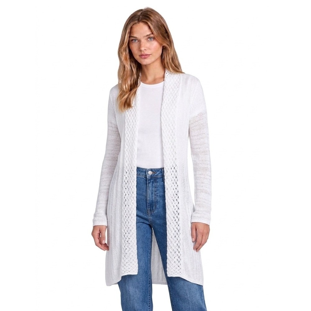 Chico's Cardigan Sweater Women's Size Large 2 White Longline Diamond Crochet